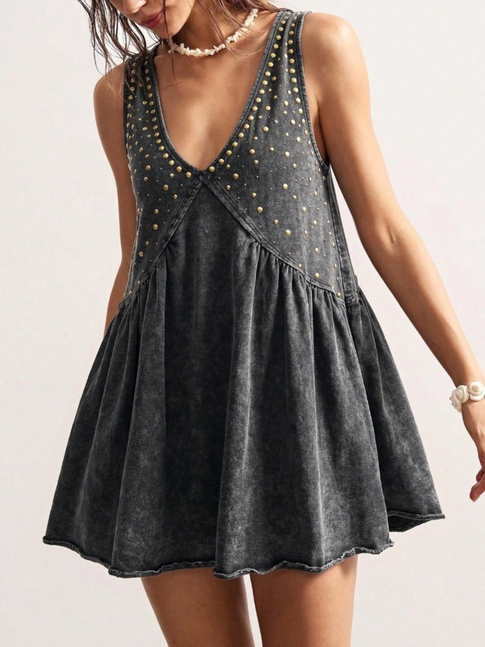 100% Cotton Grey Bohemian Stud Detail V-Neck Mini Pleated Flared Dress - Picture 5 of 8